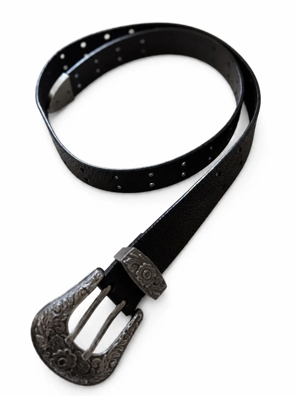 Black Western-Inspired Faux Leather Belt with Engraved Silver-Tone‎ Buckle